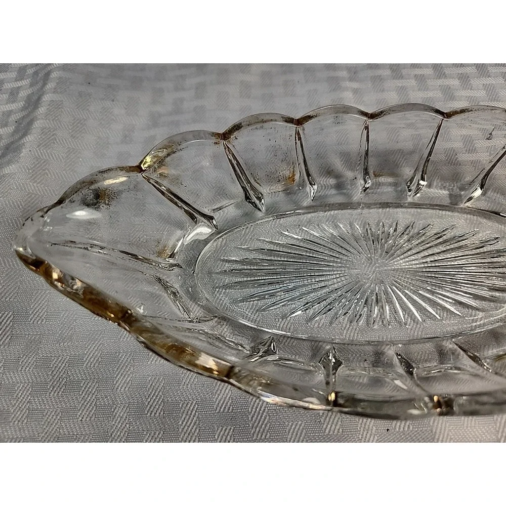 Vintage Pressed Glass Oval Relish Dish Scalloped Gold Brushed Rim Starburst Base